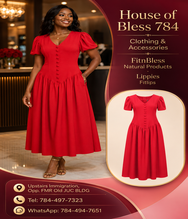 Red Puff-Sleeve Midi Dress
